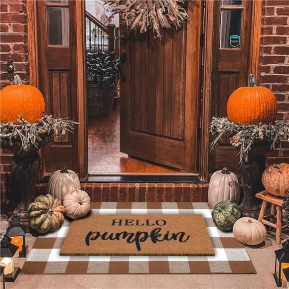 Fall Welcome Mat Set: Coco Coir Mat & 28x43 Coffee/White Plaid Rug -Autumn Decor - Picture 1 of 6